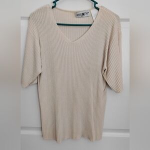 White Stag Cream Ribbed V-Neck Short Sleeve SweaterTop